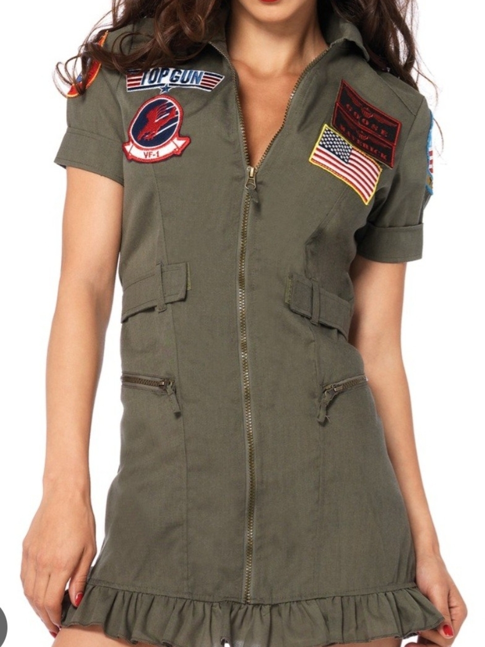 Leg Avenue Olive Green Military Patch Zip-Front Mini Dress
